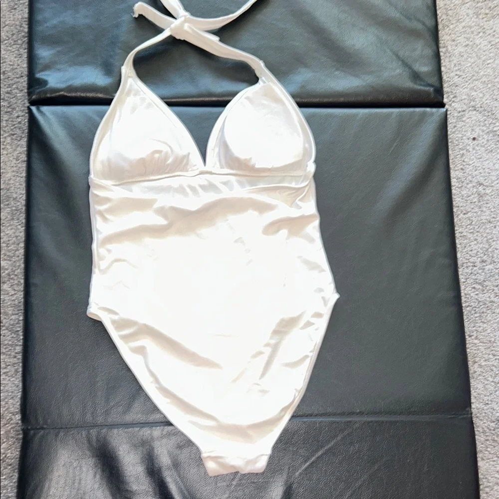 Beautiful White Halter One-Piece Swimsuit with Embellishments- Size 8 WORN ONCE - Picture 4 of 6